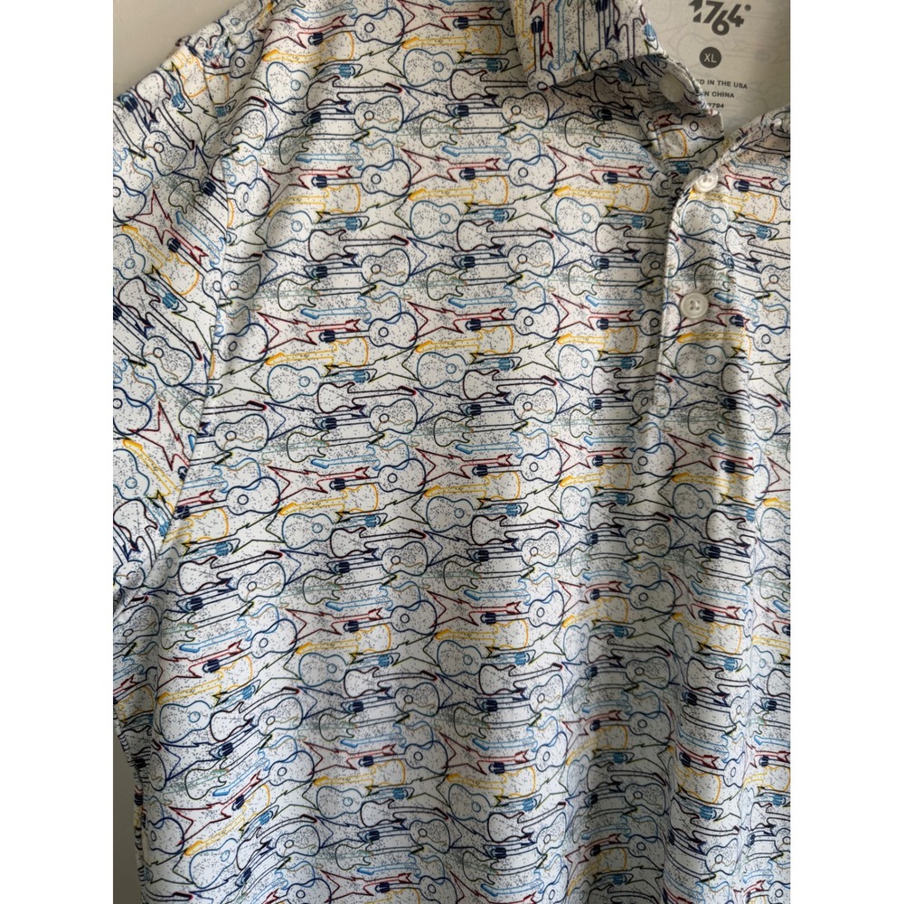 1764 Golf Mens XL Performance Polo Shirt White Guitar Print Short Sleeve Stretch - Picture 2 of 6